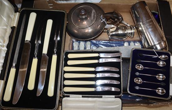 A set of six silver bean end coffee spoons and a collection of plated items and flatware, including a cocktail shaker